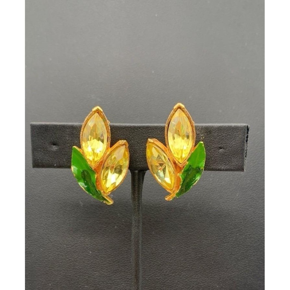 Vintage Gold Tone Green Rhinestone & Green Enamel Flower Clip On Earrings